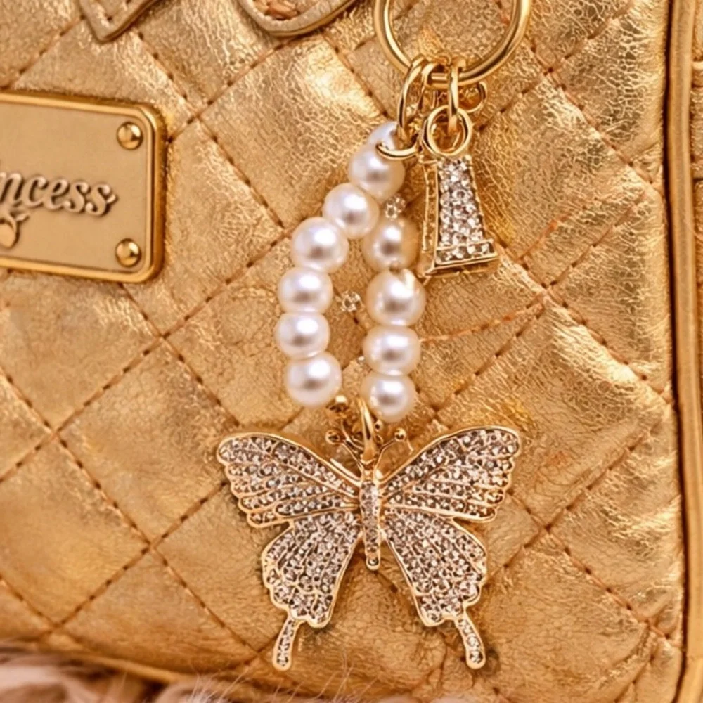 Pearl Butterfly Eiffel Tower Keychain Bag Charm Gold Tone i